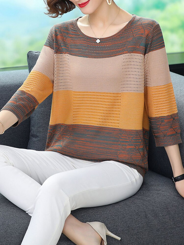 YISU Ženski jesenski pulover s O-izrezom i šavovima u boji Ženski džemper dugih rukava Široki ležerni pleteni pulover Ženska odjeća
