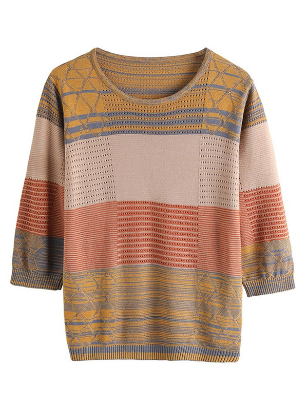 YISU Ženski jesenski pulover s O-izrezom i šavovima u boji Ženski džemper dugih rukava Široki ležerni pleteni pulover Ženska odjeća