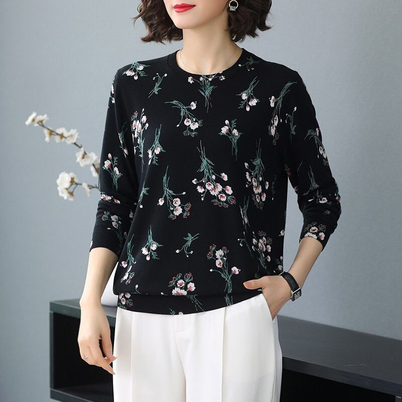 YISU Flower Print Džemperis sieviešu topi Rudens Ziemas O veida kakla izgriezums Garām piedurknēm Pulovers Ikdienas džemperis Modes brīvs trikotāžas džemperis