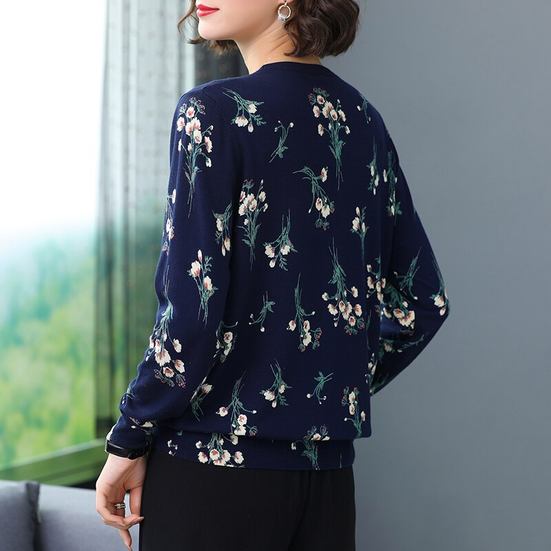 YISU Flower Print Džemperis sieviešu topi Rudens Ziemas O veida kakla izgriezums Garām piedurknēm Pulovers Ikdienas džemperis Modes brīvs trikotāžas džemperis