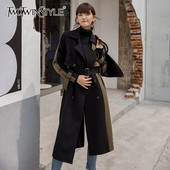 TWOTWINSTYLE Korea Patchwork Sashes Trench Naiste rev, pikkade varrukatega Hit Color vabaaja tuulepluus Naiste mood uued rõivad