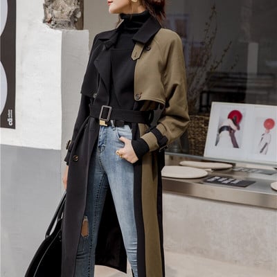 TWOTWINSTYLE Korea Patchwork Sashes Trench Naiste rev, pikkade varrukatega Hit Color vabaaja tuulepluus Naiste mood uued rõivad
