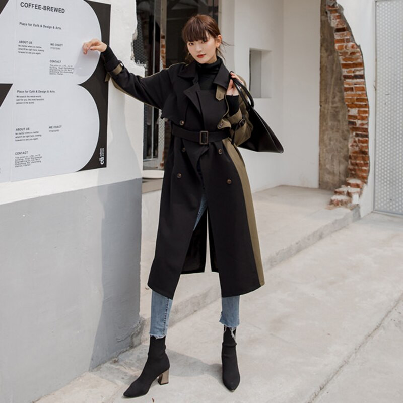 TWOTWINSTYLE Korea Patchwork Sashes Trench Naiste rev, pikkade varrukatega Hit Color vabaaja tuulepluus Naiste mood uued rõivad