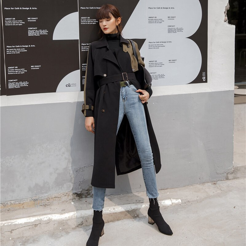 TWOTWINSTYLE Korea Patchwork Sashes Trench Naiste rev, pikkade varrukatega Hit Color vabaaja tuulepluus Naiste mood uued rõivad