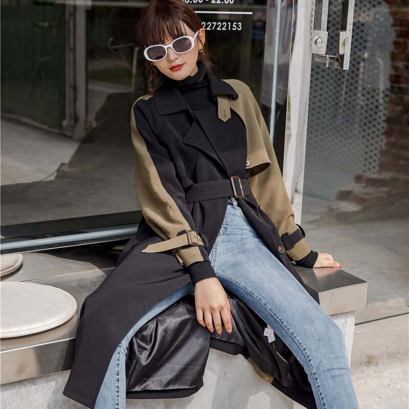 TWOTWINSTYLE Korea Patchwork Sashes Trench Naiste rev, pikkade varrukatega Hit Color vabaaja tuulepluus Naiste mood uued rõivad
