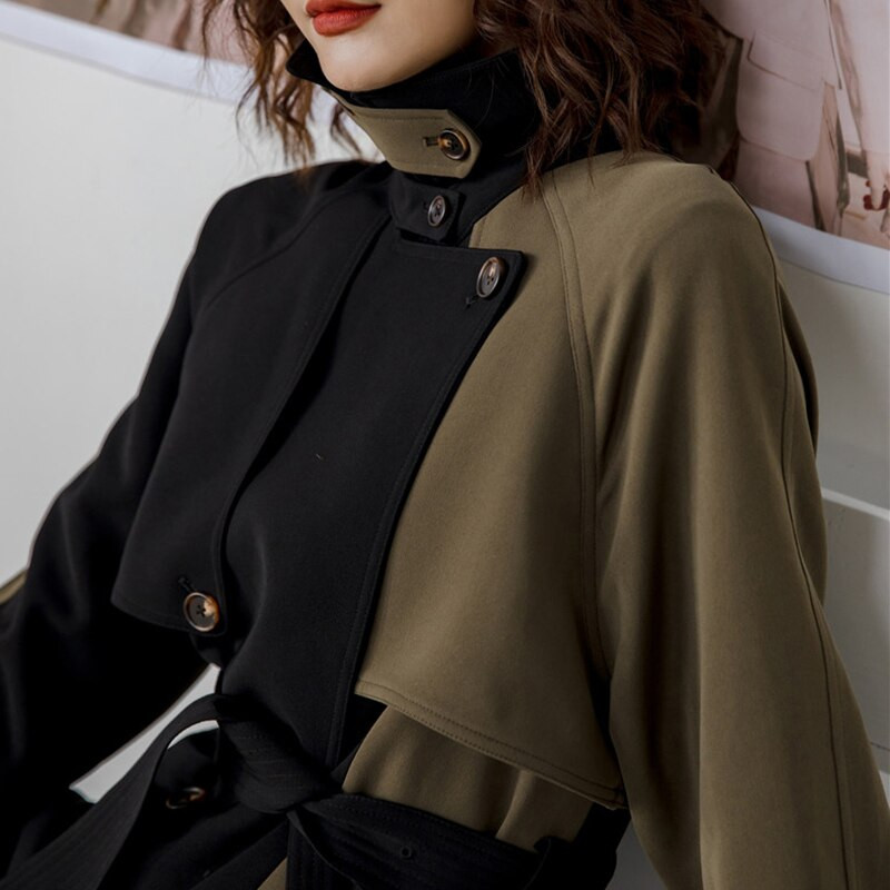 TWOTWINSTYLE Korea Patchwork Sashes Trench Naiste rev, pikkade varrukatega Hit Color vabaaja tuulepluus Naiste mood uued rõivad