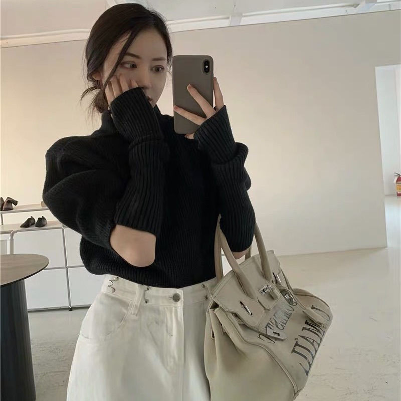 Pleteni ženski pulover s visokim ovratnikom Perceptual, jednostavni pleteni pulover s rukavima s polu mjehurićima, novi stil za proljeće i jesen 2022.