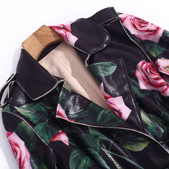 Windbreaker Runway Autumn New Fashion Rose Print PU Δερμάτινη ζώνη Slim Fit Vintage Κομψό Midi κοστούμι πέτο