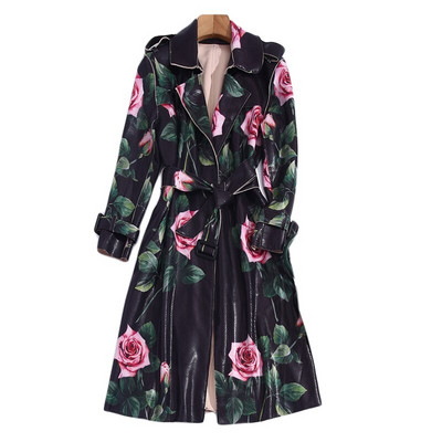 Ветровка Runway Есен Нова мода Роза щампа PU кожен колан Slim Fit Vintage елегантен Midi ревер костюм Палто