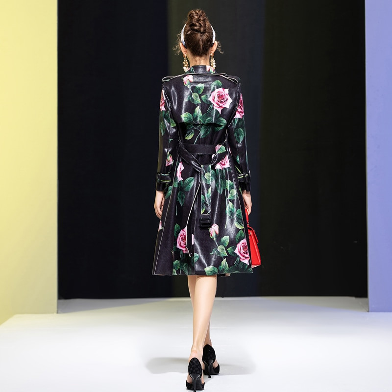 Ветровка Runway Есен Нова мода Роза щампа PU кожен колан Slim Fit Vintage елегантен Midi ревер костюм Палто