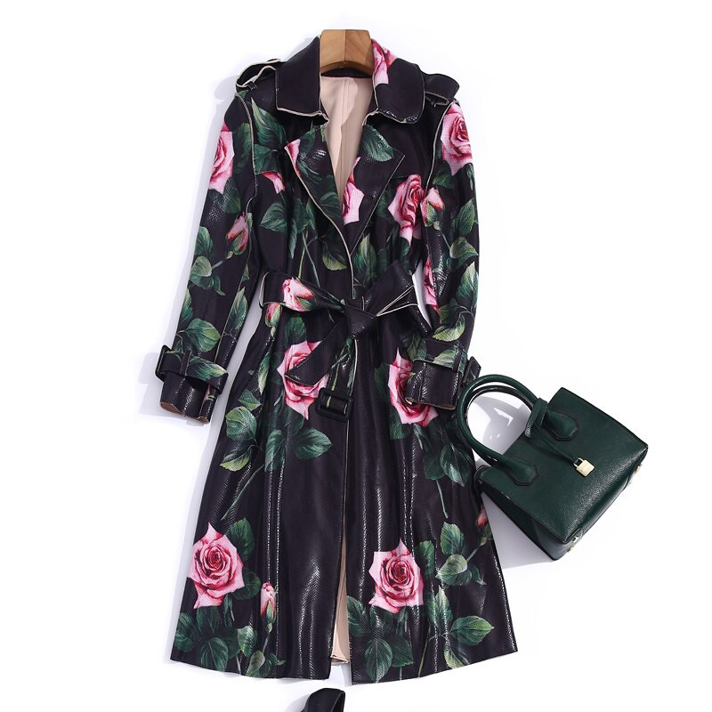 Ветровка Runway Есен Нова мода Роза щампа PU кожен колан Slim Fit Vintage елегантен Midi ревер костюм Палто