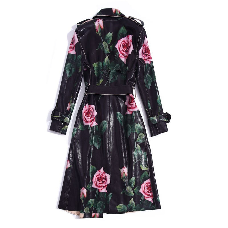 Ветровка Runway Есен Нова мода Роза щампа PU кожен колан Slim Fit Vintage елегантен Midi ревер костюм Палто