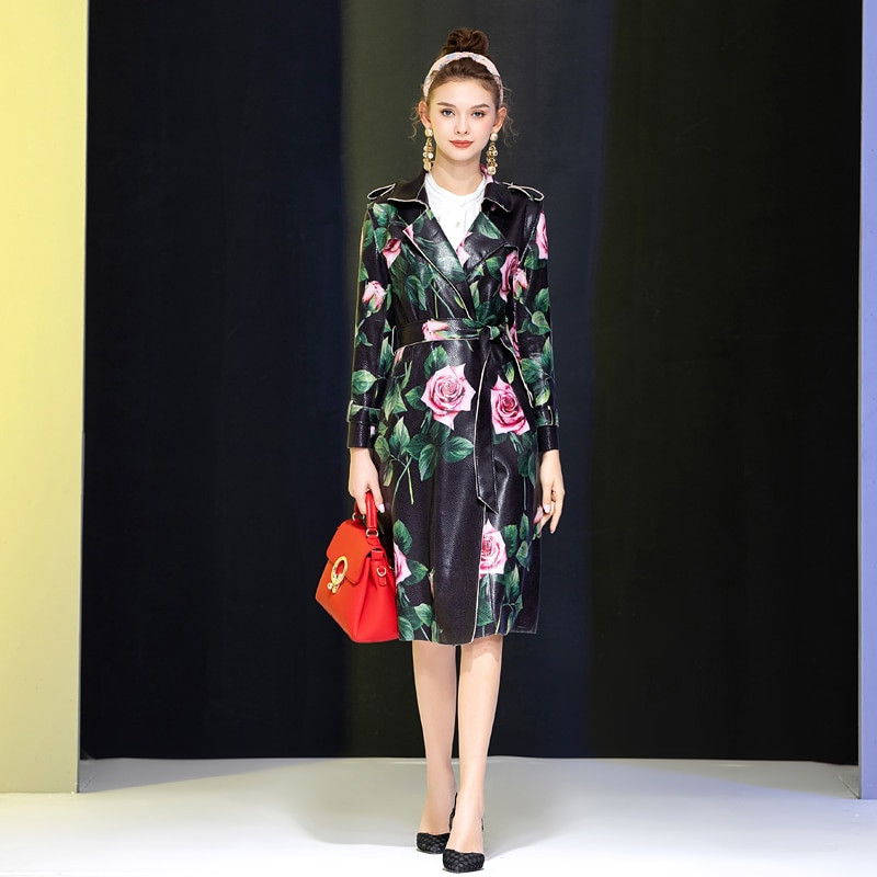 Ветровка Runway Есен Нова мода Роза щампа PU кожен колан Slim Fit Vintage елегантен Midi ревер костюм Палто