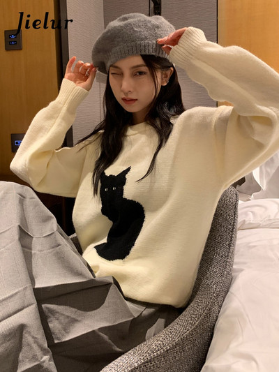 Jielur džemper pulover Ženski pulover s mačkama iz crtanih filmova Jesen Zima Gornja odjeća Široka vintage pletena majica Ženska moda