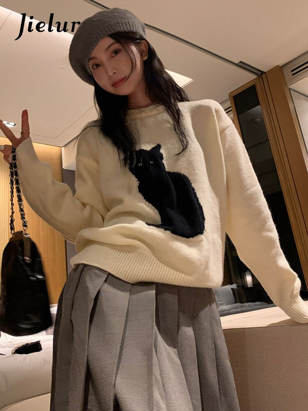 Jielur džemper pulover Ženski pulover s mačkama iz crtanih filmova Jesen Zima Gornja odjeća Široka vintage pletena majica Ženska moda