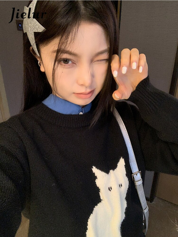 Jielur džemper pulover Ženski pulover s mačkama iz crtanih filmova Jesen Zima Gornja odjeća Široka vintage pletena majica Ženska moda