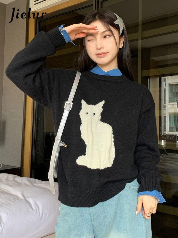 Jielur džemper pulover Ženski pulover s mačkama iz crtanih filmova Jesen Zima Gornja odjeća Široka vintage pletena majica Ženska moda
