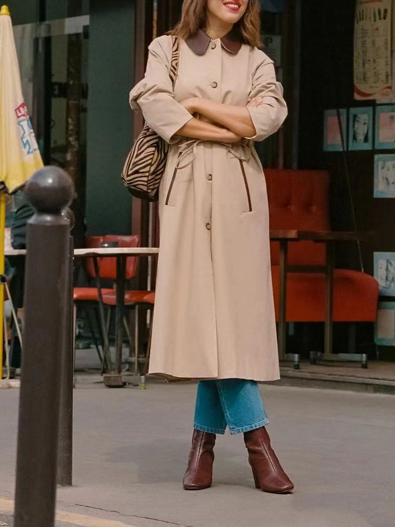 Jauna sieviešu savilkšanas aukliņa vidukļa vidēja garuma uzplaukuma mētelis sieviešu krāsā, kontrasta krāsā, nolaižama apkakle, vienrindas brīva vējjaka 2022. g.