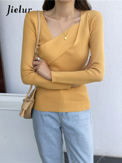 Jielur Seksi ženski džemperi, jesenski modni pleteni džemperi s nepravilnim izrezom, žuti puloveri za uredske dame, osnovni džemperi u 7 boja