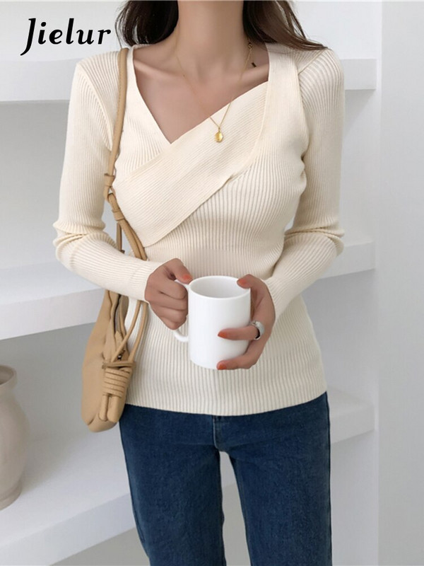 Jielur Seksi ženski džemperi, jesenski modni pleteni džemperi s nepravilnim izrezom, žuti puloveri za uredske dame, osnovni džemperi u 7 boja