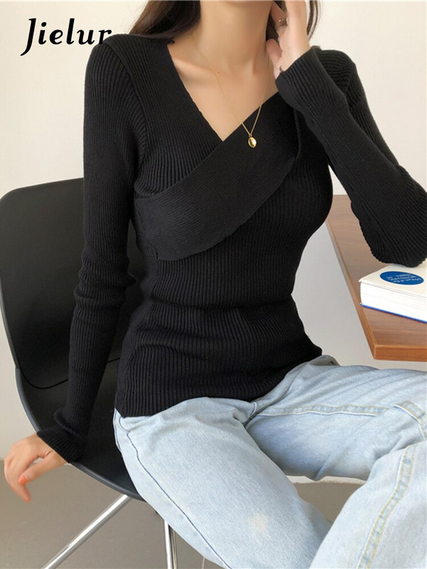 Jielur Seksi ženski džemperi, jesenski modni pleteni džemperi s nepravilnim izrezom, žuti puloveri za uredske dame, osnovni džemperi u 7 boja