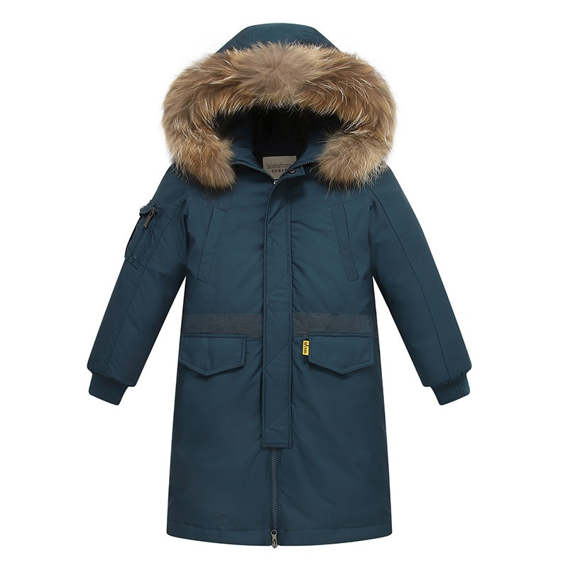 Bērnu ziemas dūnu jakas Īstas kažokādas apkakles bērniem ar siltu kapuci Virsdrēbes mētelis pusaudžiem zēniem 5-16 gadi Parkas -30 Degree TX046
