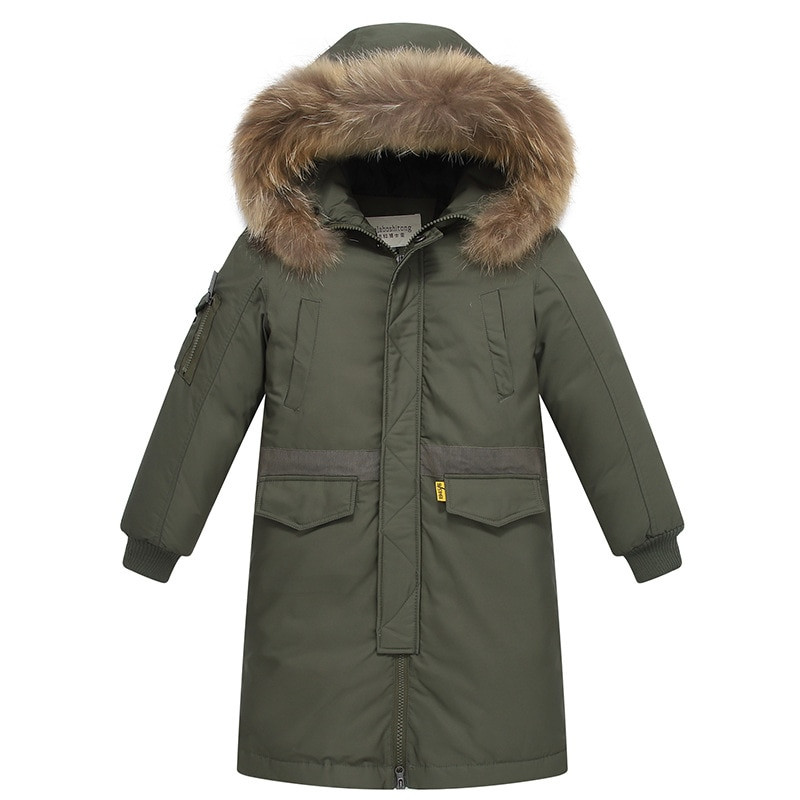 Bērnu ziemas dūnu jakas Īstas kažokādas apkakles bērniem ar siltu kapuci Virsdrēbes mētelis pusaudžiem zēniem 5-16 gadi Parkas -30 Degree TX046