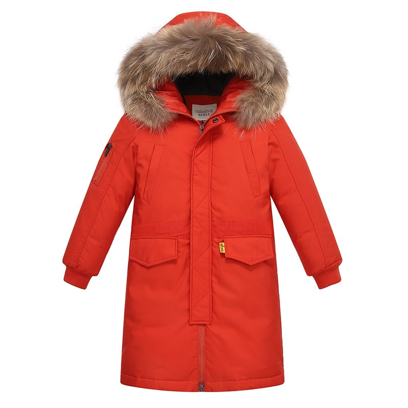 Bērnu ziemas dūnu jakas Īstas kažokādas apkakles bērniem ar siltu kapuci Virsdrēbes mētelis pusaudžiem zēniem 5-16 gadi Parkas -30 Degree TX046
