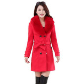 Novi jesenski i zimski vuneni ženski kaput Korejski vuneni kaput na dvostruko kopčanje srednje dužine s velikim krznenim ovratnikom Trenč kaput