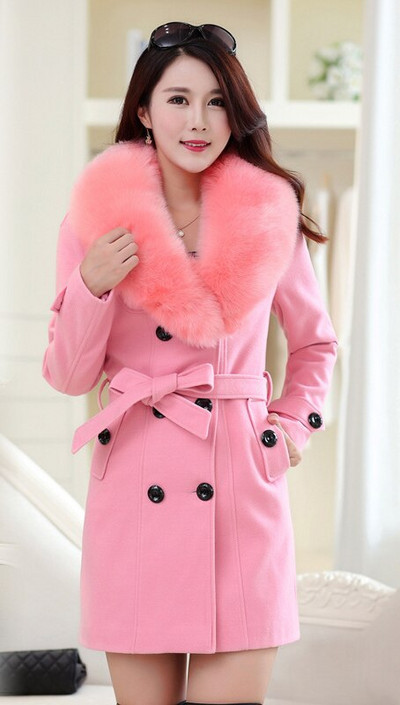 Novi jesenski i zimski vuneni ženski kaput Korejski vuneni kaput na dvostruko kopčanje srednje dužine s velikim krznenim ovratnikom Trenč kaput