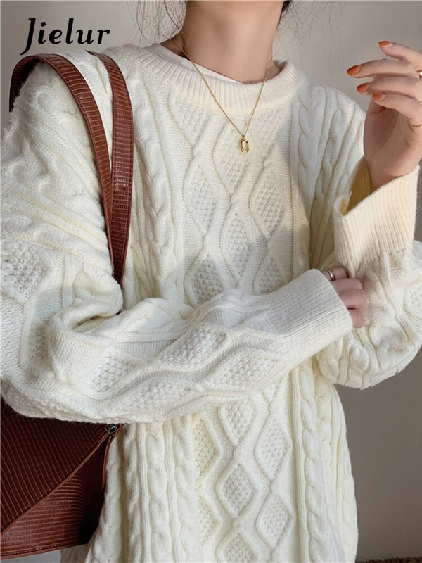 Jielur O-Neck Χοντρό στριφτό γκρι πουλόβερ Γυναικεία Χειμωνιάτικα ζεστά γυναικεία πλεκτά πουλόβερ Casual μακρυμάνικα φαρδιά πουλόβερ