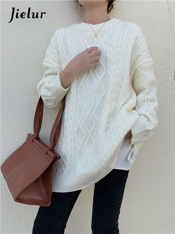 Jielur O-Neck Χοντρό στριφτό γκρι πουλόβερ Γυναικεία Χειμωνιάτικα ζεστά γυναικεία πλεκτά πουλόβερ Casual μακρυμάνικα φαρδιά πουλόβερ