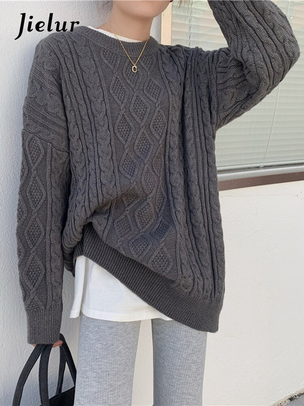 Jielur O-Neck Χοντρό στριφτό γκρι πουλόβερ Γυναικεία Χειμωνιάτικα ζεστά γυναικεία πλεκτά πουλόβερ Casual μακρυμάνικα φαρδιά πουλόβερ