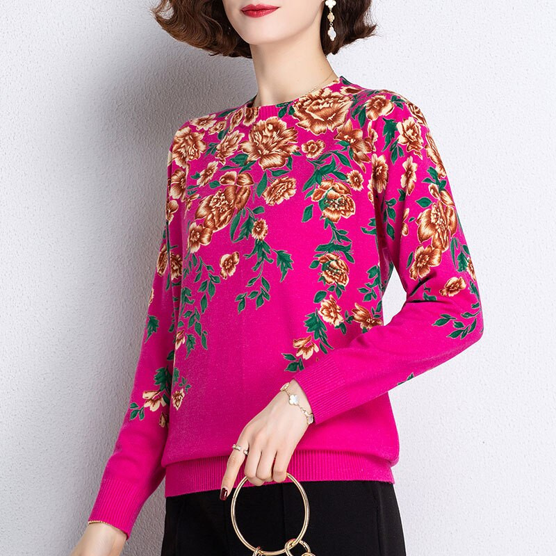 YISU Fashion Spring Sieviešu džemperis ar O veida kakla izgriezumu Peonijas apdruka ar garām piedurknēm Džemperis Sieviešu Topi Ikdienišķs Brīvs Plāns Trikotāžas džemperis