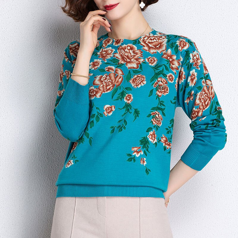 YISU Fashion Spring Sieviešu džemperis ar O veida kakla izgriezumu Peonijas apdruka ar garām piedurknēm Džemperis Sieviešu Topi Ikdienišķs Brīvs Plāns Trikotāžas džemperis