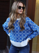 Geometrijski džemperi za žene, modni 2022. pleteni džemper s okruglim izrezom, široki, debeli, topli zimski pulover, bijelo ružičasti