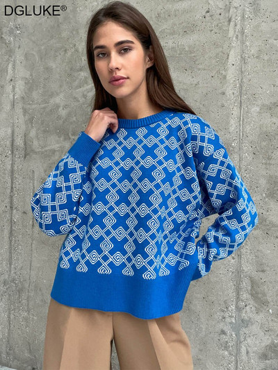 Geometrijski džemperi za žene, modni 2022. pleteni džemper s okruglim izrezom, široki, debeli, topli zimski pulover, bijelo ružičasti