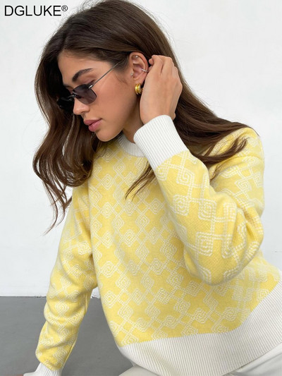 Geometrijski džemperi za žene, modni 2022. pleteni džemper s okruglim izrezom, široki, debeli, topli zimski pulover, bijelo ružičasti