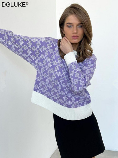 Geometrijski džemperi za žene, modni 2022. pleteni džemper s okruglim izrezom, široki, debeli, topli zimski pulover, bijelo ružičasti