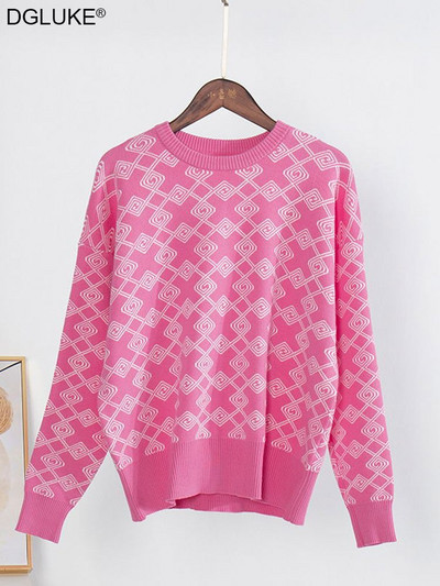 Geometrijski džemperi za žene, modni 2022. pleteni džemper s okruglim izrezom, široki, debeli, topli zimski pulover, bijelo ružičasti