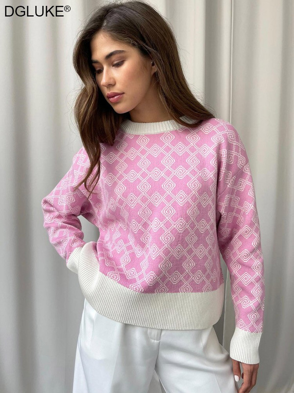 Geometrijski džemperi za žene, modni 2022. pleteni džemper s okruglim izrezom, široki, debeli, topli zimski pulover, bijelo ružičasti
