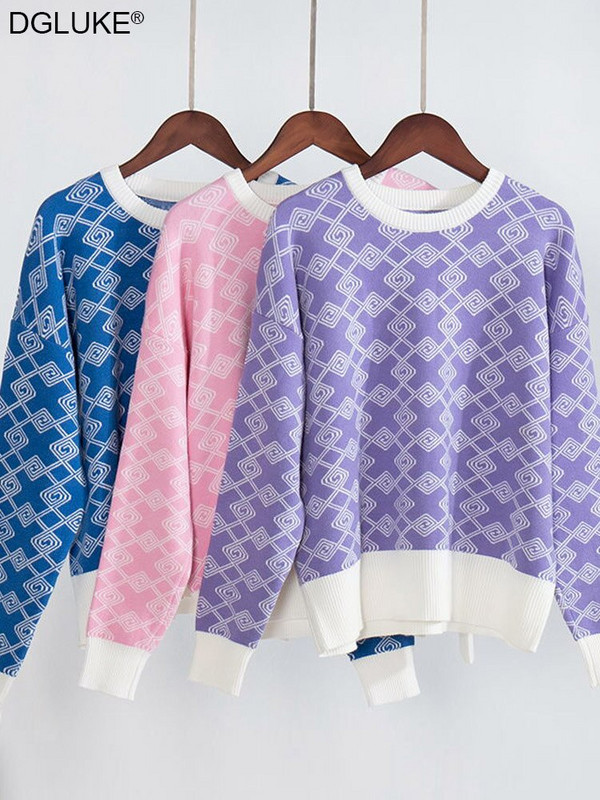 Geometrijski džemperi za žene, modni 2022. pleteni džemper s okruglim izrezom, široki, debeli, topli zimski pulover, bijelo ružičasti