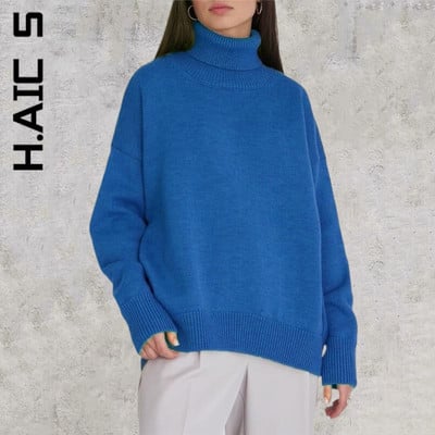 H.Aic S sieviešu džemperis ar bruņurupuču apkakli Jauns trikotāžas plāns vintage tops sieviešu šiks silti džemperi Sieviešu pulovers mīksts sieviešu apģērbs