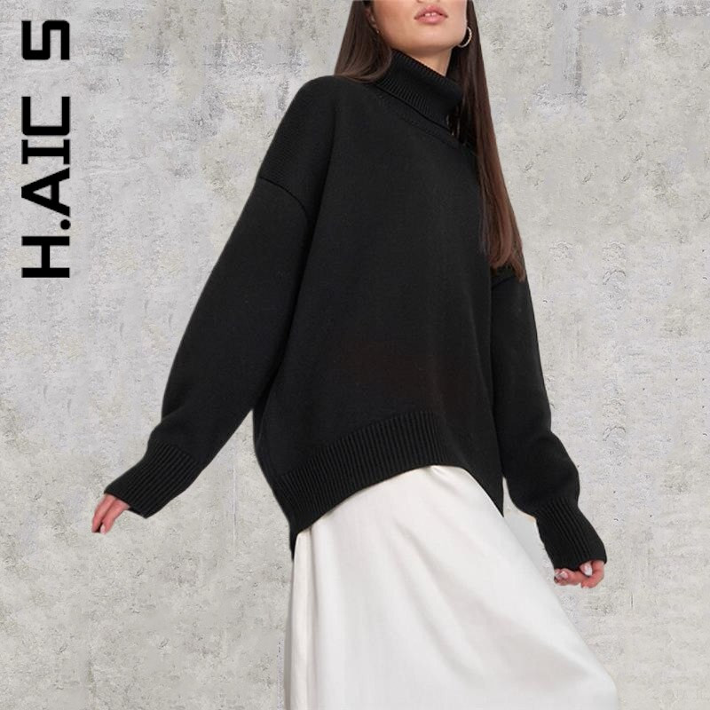 H.Aic S sieviešu džemperis ar bruņurupuču apkakli Jauns trikotāžas plāns vintage tops sieviešu šiks silti džemperi Sieviešu pulovers mīksts sieviešu apģērbs