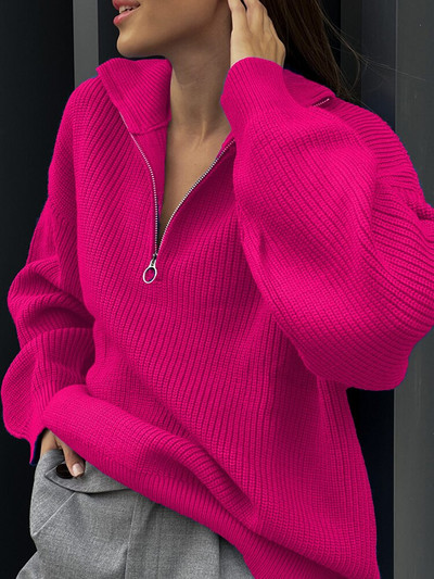 Πλεκτό γυναικείο πουλόβερ με φερμουάρ 2022 Φθινόπωρο Χειμώνας Ζεστό χαλαρό μακρυμάνικο με λαιμόκοψη σε V γυναικείο πουλόβερ Casual αφράτα απαλά γυναικεία πουλόβερ