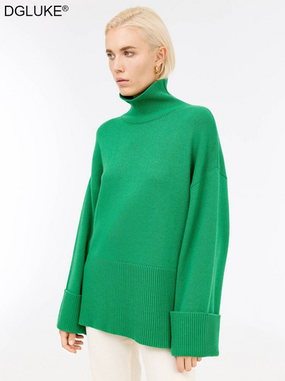 Sieviešu džemperis ar bruņurupuču apkakli 2022. gada tendence, sānu šķēlums, garš, silts džemperis, liela izmēra džemperis Sieviešu trikotāžas džemperi Sieviešu džemperi ziemai