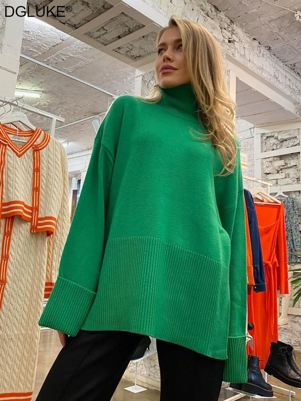 Sieviešu džemperis ar bruņurupuču apkakli 2022. gada tendence, sānu šķēlums, garš, silts džemperis, liela izmēra džemperis Sieviešu trikotāžas džemperi Sieviešu džemperi ziemai