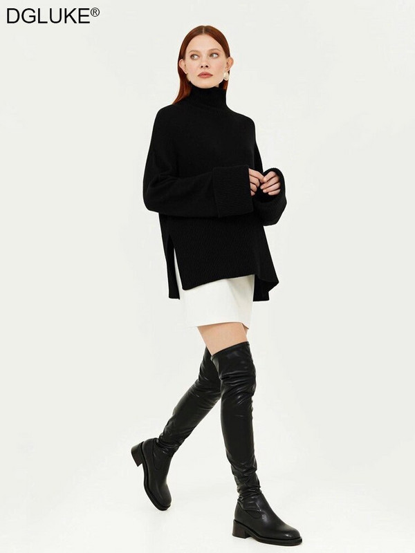 Sieviešu džemperis ar bruņurupuču apkakli 2022. gada tendence, sānu šķēlums, garš, silts džemperis, liela izmēra džemperis Sieviešu trikotāžas džemperi Sieviešu džemperi ziemai