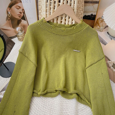 Yitimoky džemper Ženski preveliki pleteni pulover dugih rukava Tople kratke majice Jesen Zima 2022. Korejska modna odjeća O-izrez