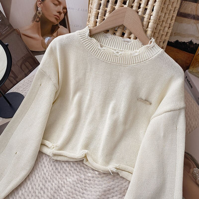 Yitimoky džemper Ženski preveliki pleteni pulover dugih rukava Tople kratke majice Jesen Zima 2022. Korejska modna odjeća O-izrez